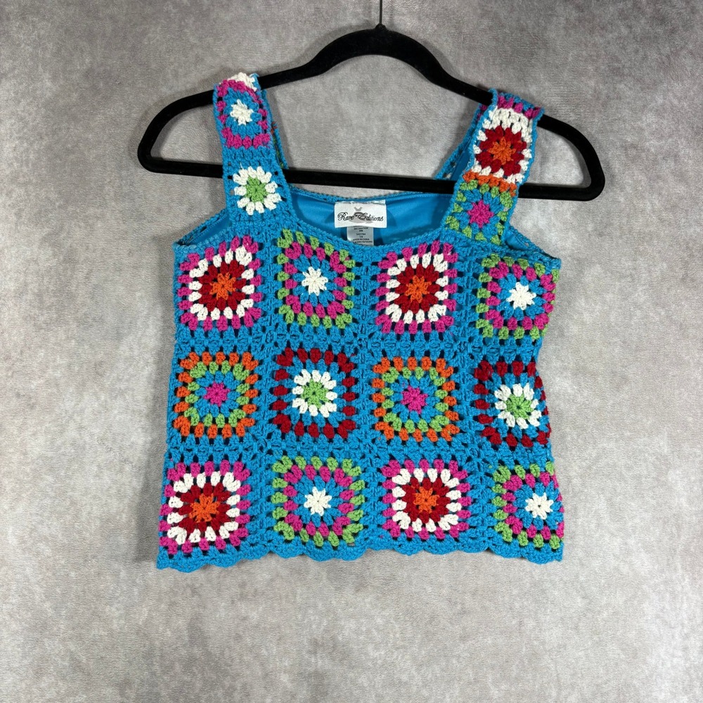 Rare Editions Crochet Top Girls 14 Blue Multicolor Granny‎ Square Boho Colorful